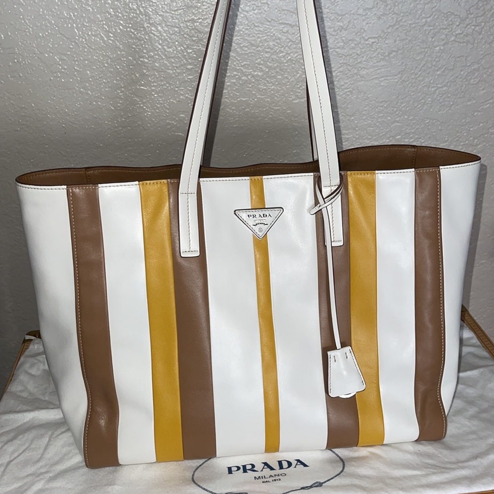 Authentic Prada Calf Baiadera Striped Shopping Tote Blanco Caramello travel bag